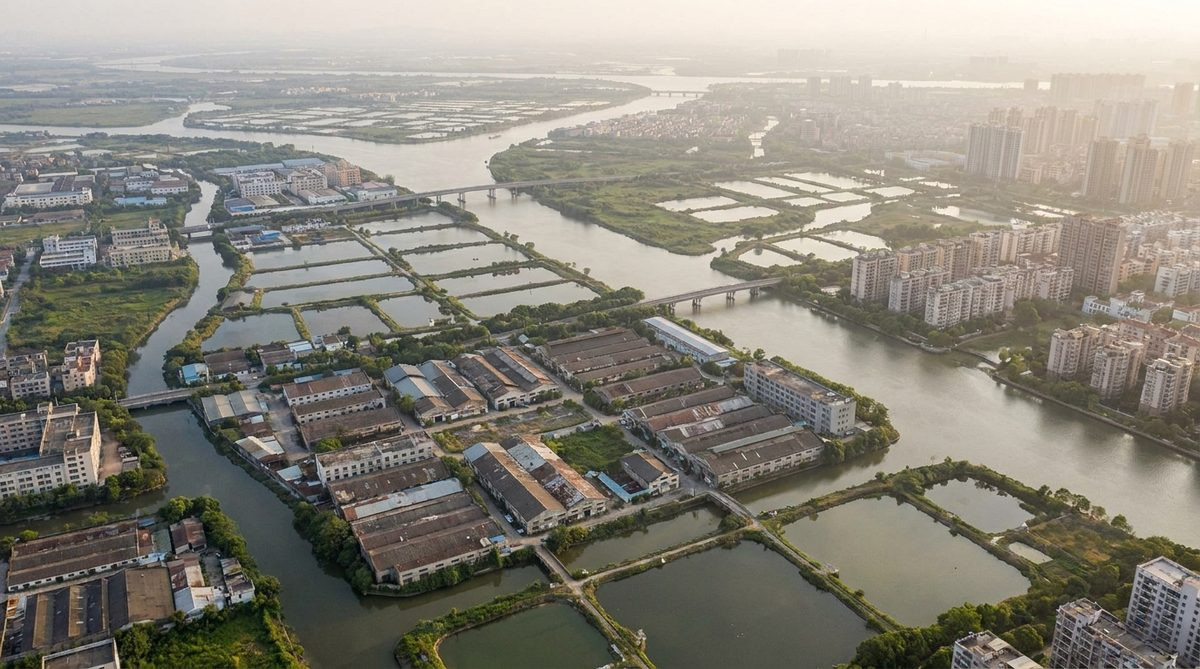 Aerial view of Foshan districts and delta waterways