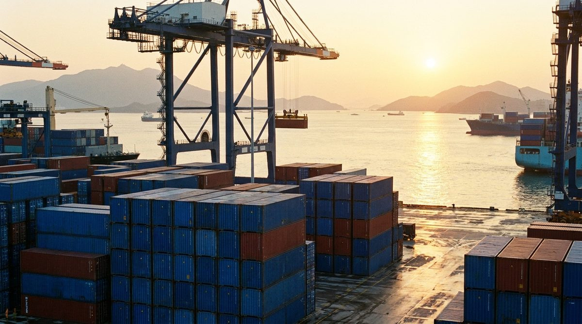 Shipping containers at a Chinese port, the landed cost of furniture from China
