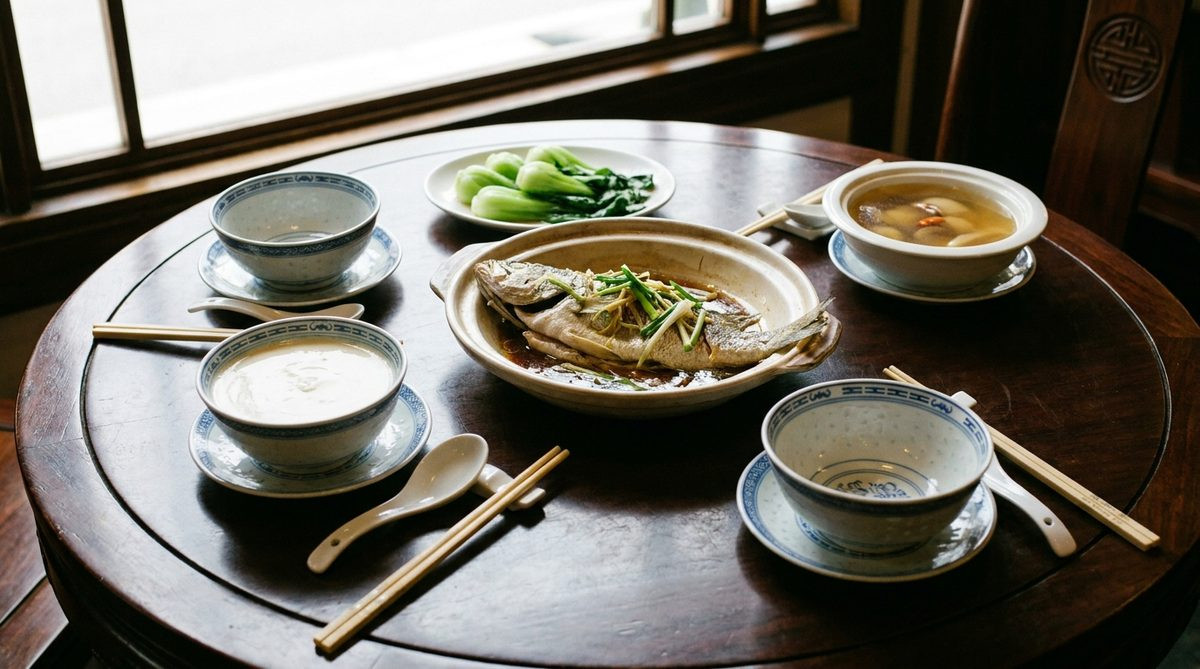 Cantonese steamed fish and double skin milk on a table in Shunde, Foshan