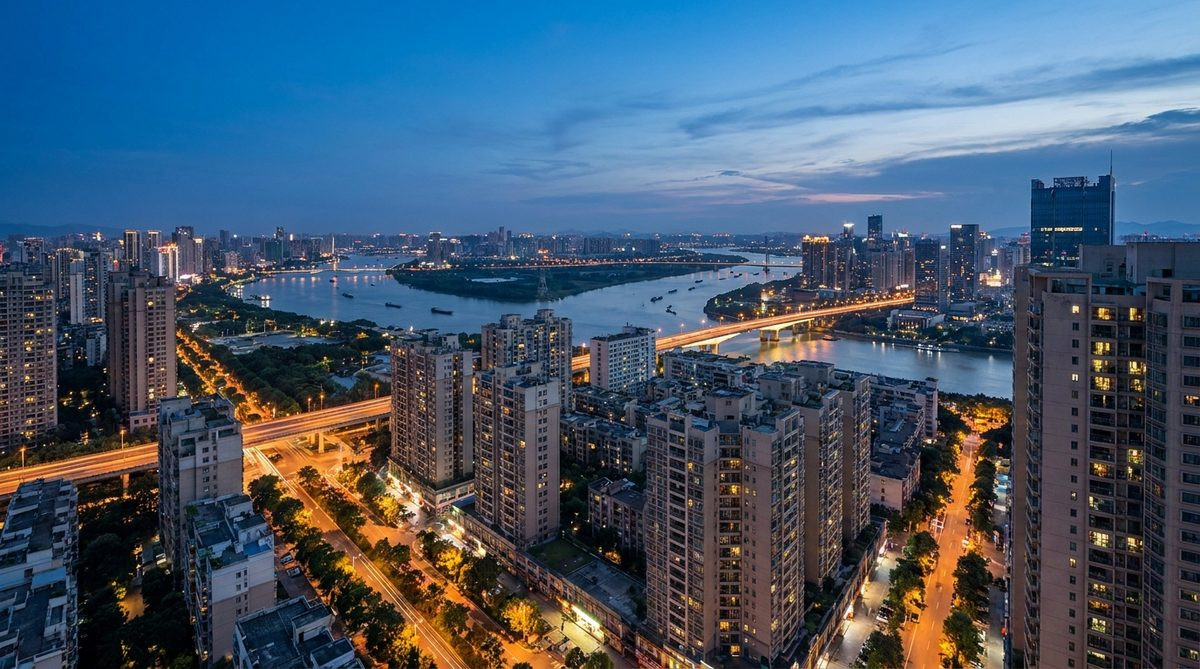 Foshan city skyline at dusk in the Pearl River Delta