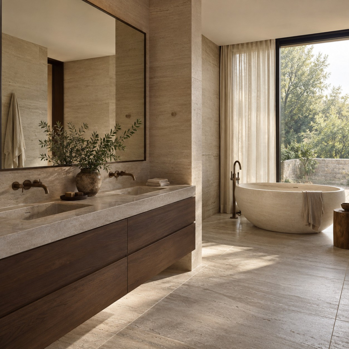 Bathroom design inspiration with a stone bath, walnut double vanity and warm bronze fittings