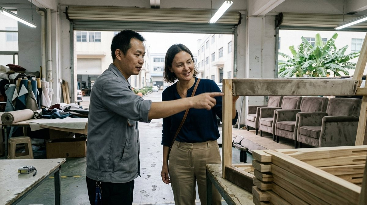 Anna from Agent Foshan examining a velvet armchair frame with a production manager at a Foshan factory after the fair
