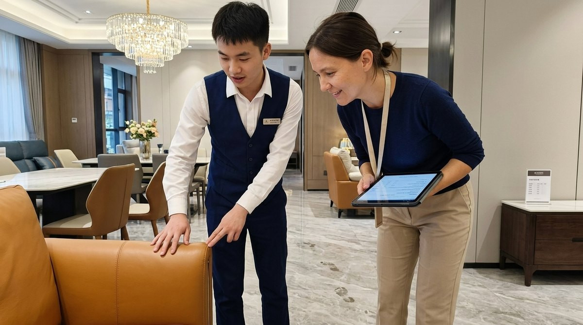 Anna from Agent Foshan comparing a quotation on a tablet with a sales assistant beside a leather sofa in Lecong
