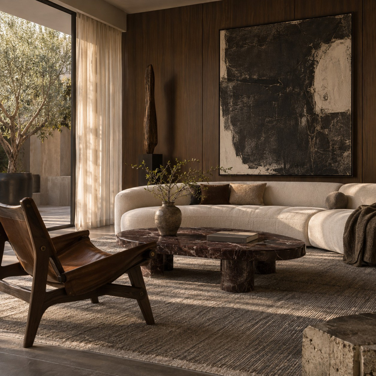 Interior inspiration with an ivory curved sofa, walnut lounge chair and burgundy stone coffee table