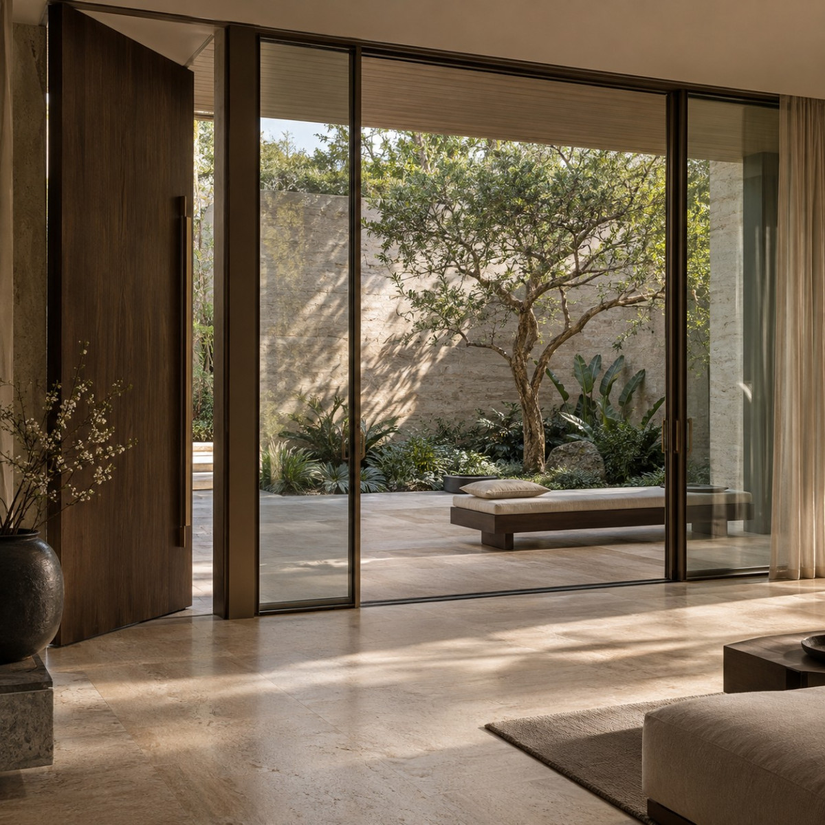 Architectural inspiration with bronze aluminium sliding glass doors and a full height walnut entrance opening onto a courtyard