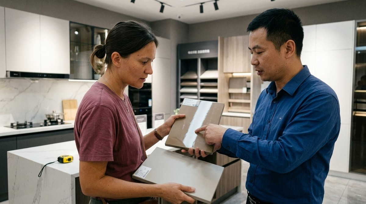 Anna from Agent Foshan holding a lacquered door sample and a melamine door sample side by side in a Foshan cabinet showroom