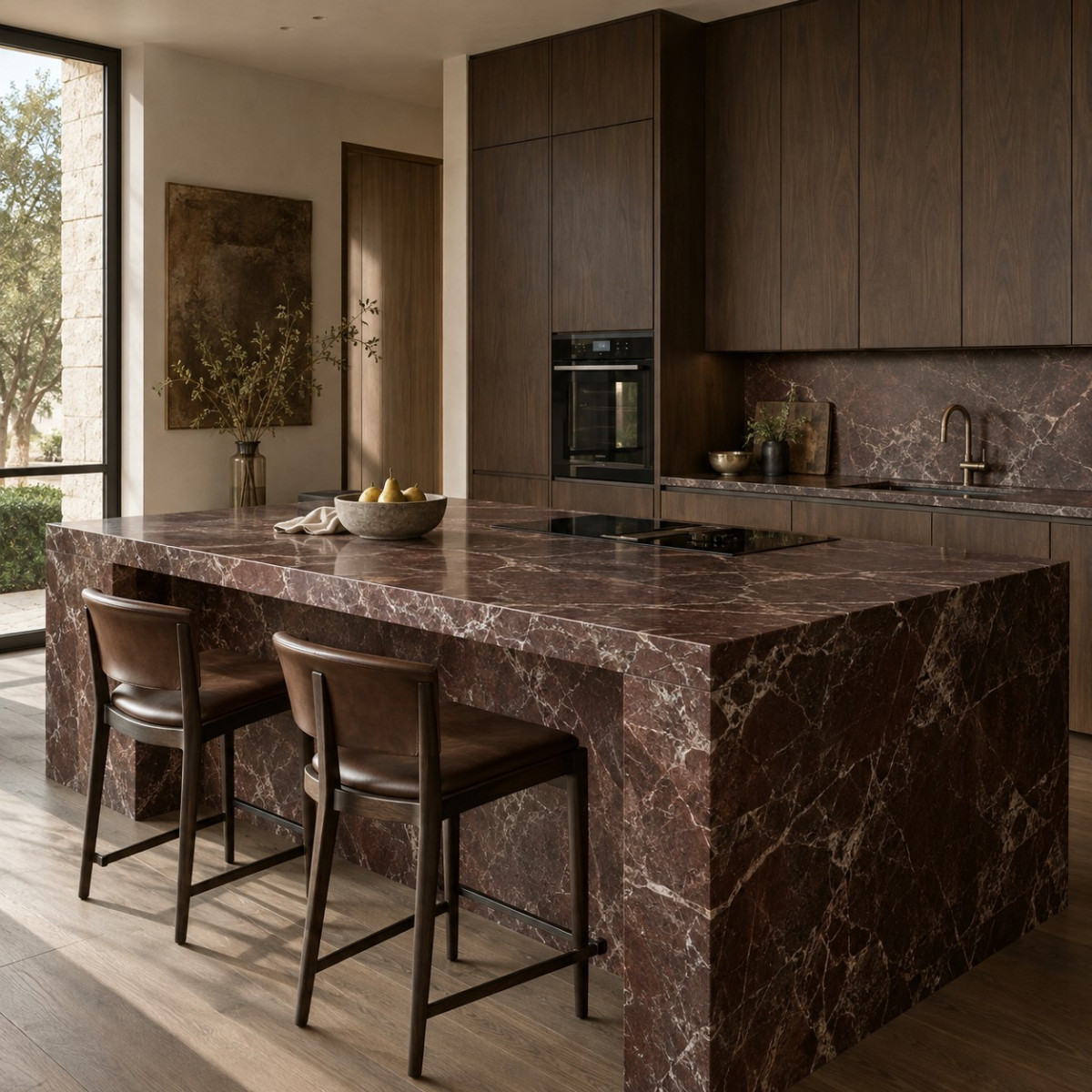 Kitchen design inspiration with smoked walnut cabinetry and a burgundy stone island