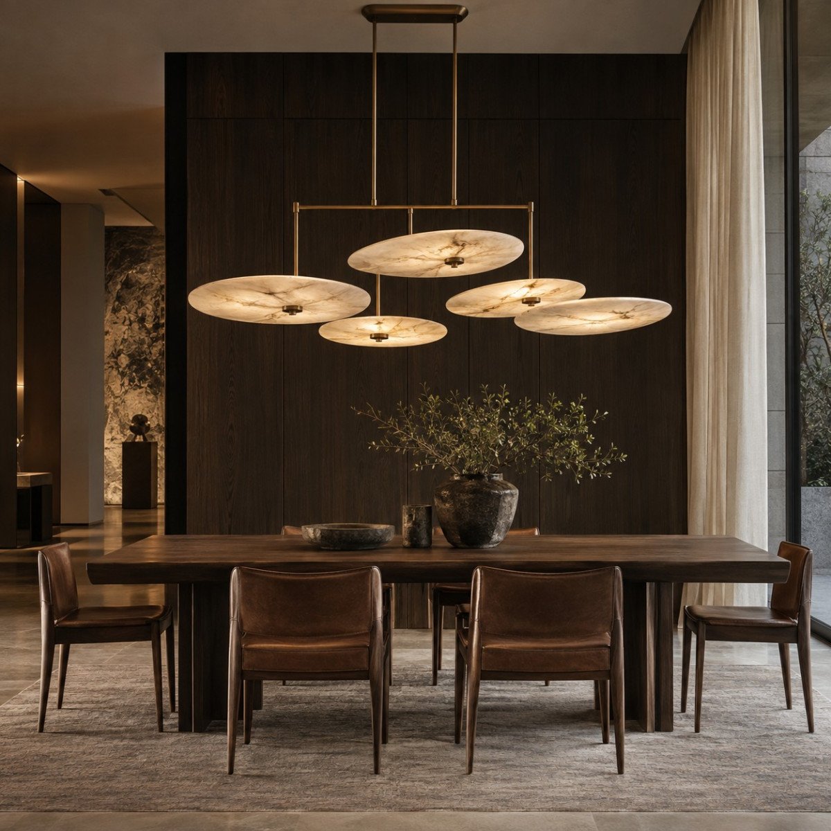 Lighting design inspiration with a sculptural alabaster pendant above a walnut dining table