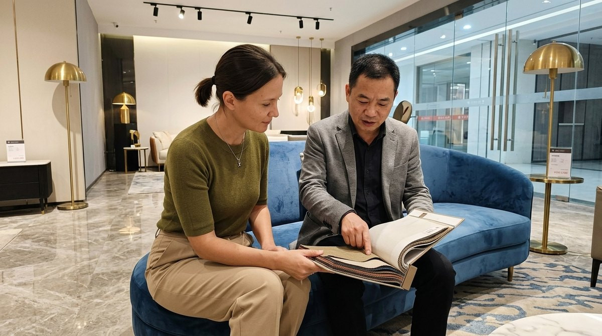 Anna from Agent Foshan checking a fire-rated fabric swatch book on a velvet lobby sofa in a Lecong showroom