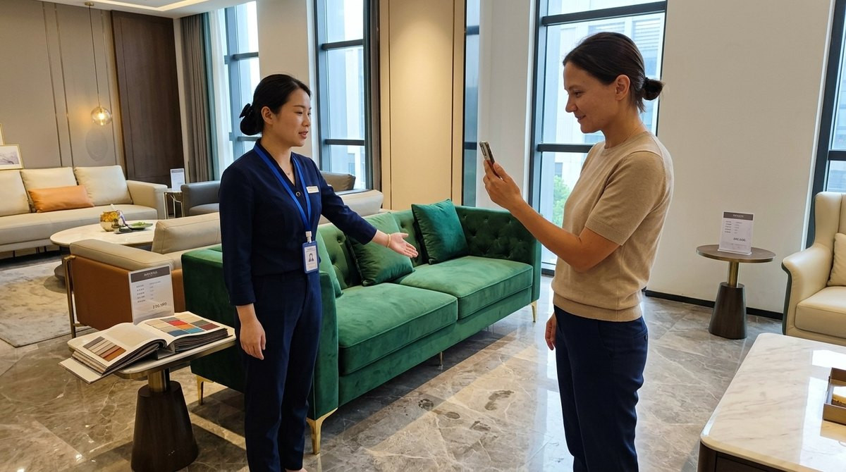 Anna from Agent Foshan on a live video call showing a buyer a velvet sofa in a Lecong furniture showroom