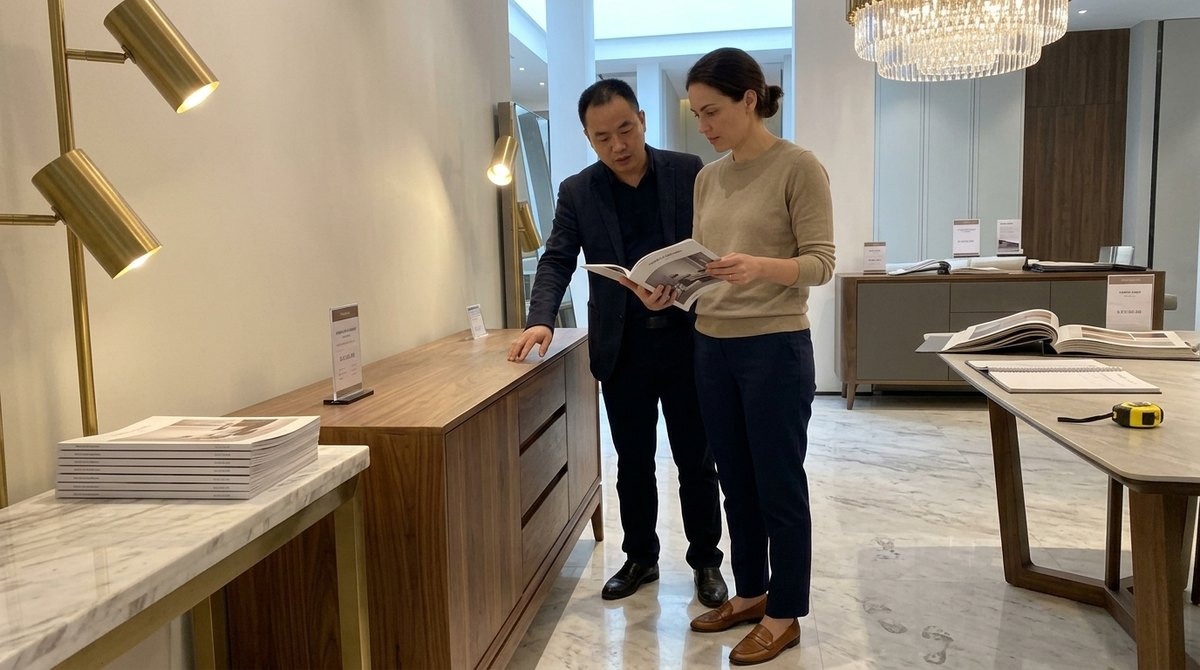 Anna from Agent Foshan with a stack of catalogues beside the real sideboard in a Lecong showroom
