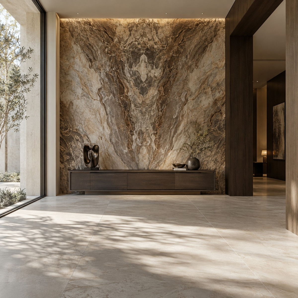 Architectural surface inspiration with a dramatic veined stone wall, walnut console and large format floor tiles