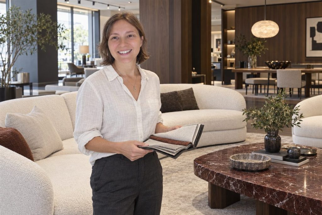 Anna reviewing fabric samples in a refined furniture showroom