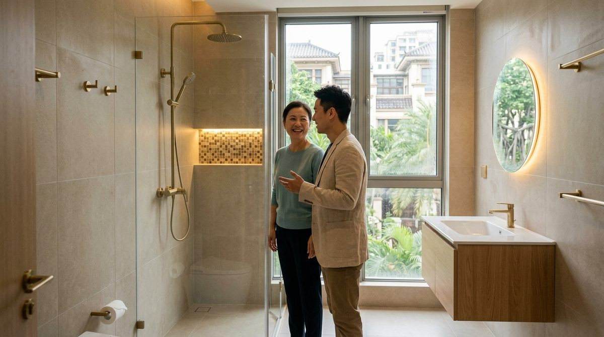 Designer showing a homeowner a finished bathroom with a lit mosaic shower niche