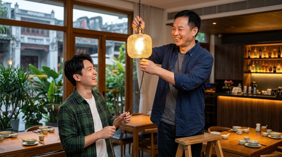 Restaurant owner adjusting a warm pendant light above a dining table in a modern restaurant