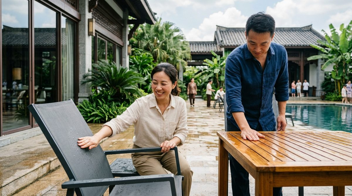 Buyers checking powder coated aluminium and teak outdoor furniture on a sunny hotel terrace