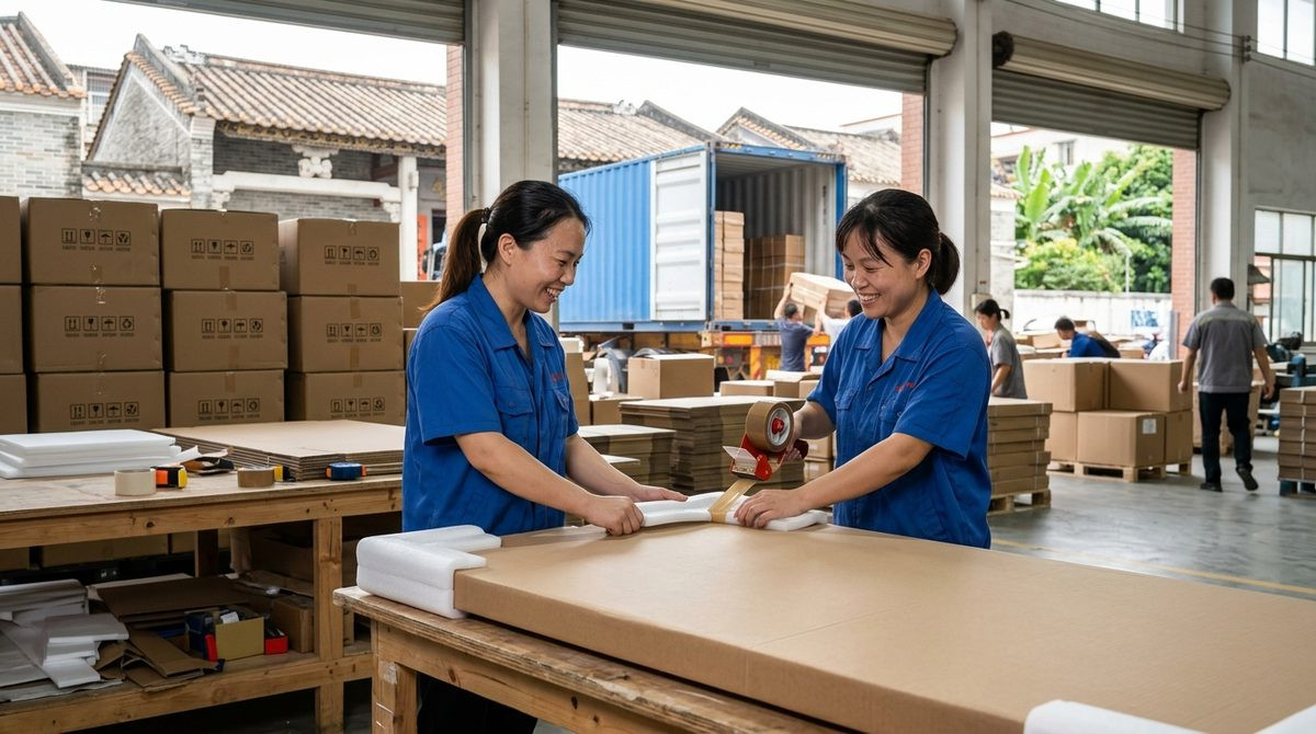 Warehouse workers fitting foam corner protection to flat packed furniture before container loading