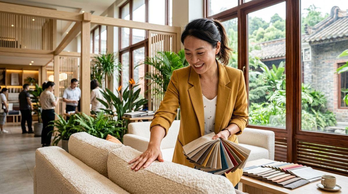 Interior designer testing sofa fabric swatches against a boucle cushion in a hotel lounge