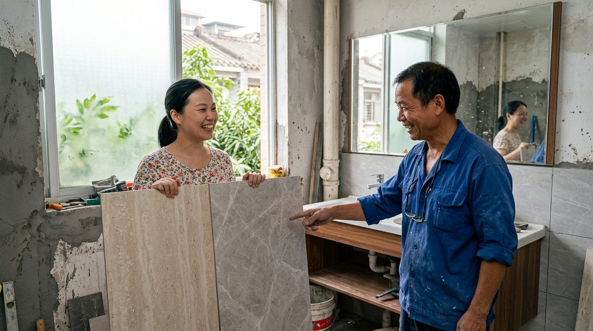 Homeowner and tiler comparing large format tile samples in a small bright bathroom