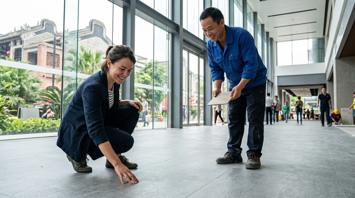 Architect and contractor inspecting large format porcelain floor tiles in a bright commercial concourse