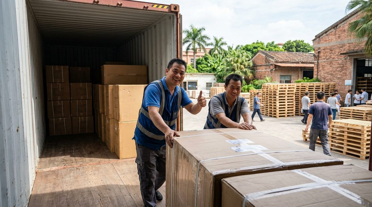 Loaders placing a wrapped flat pack carton inside a half loaded shipping container