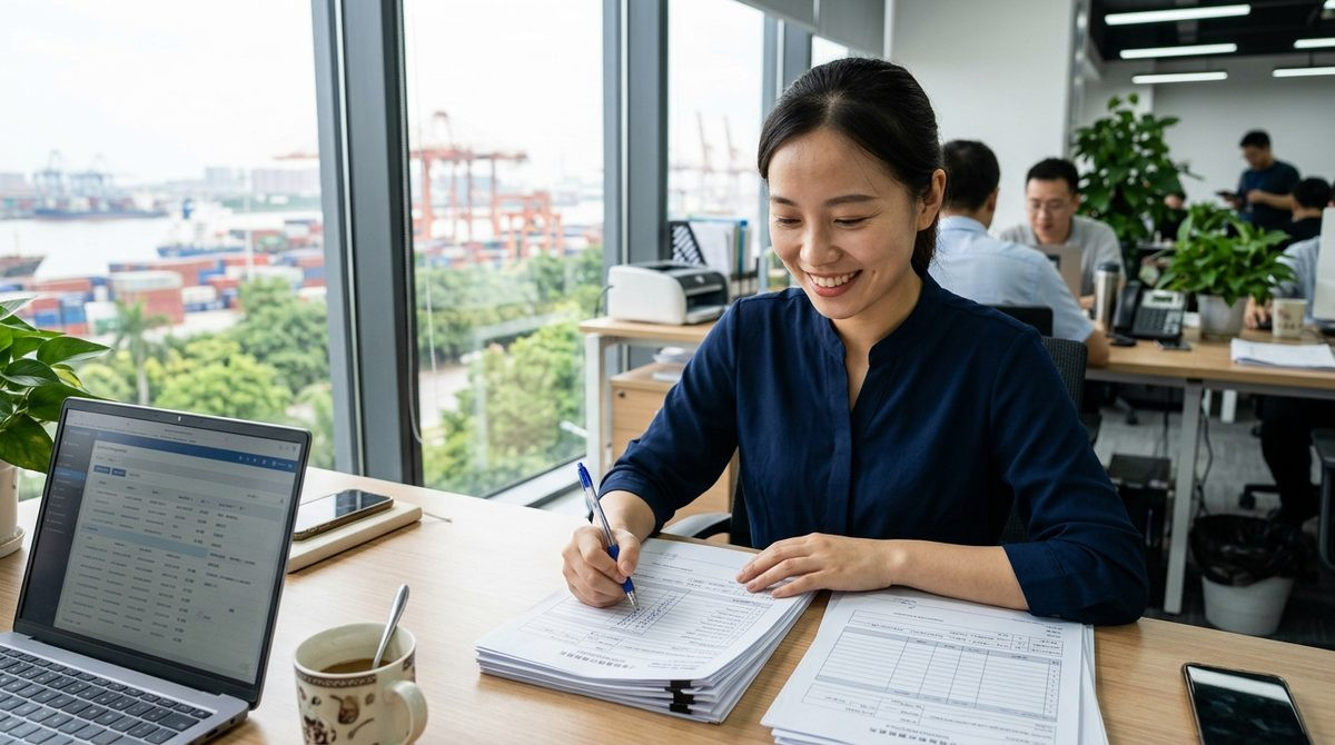 Logistics coordinator checking a set of shipping documents in a bright office