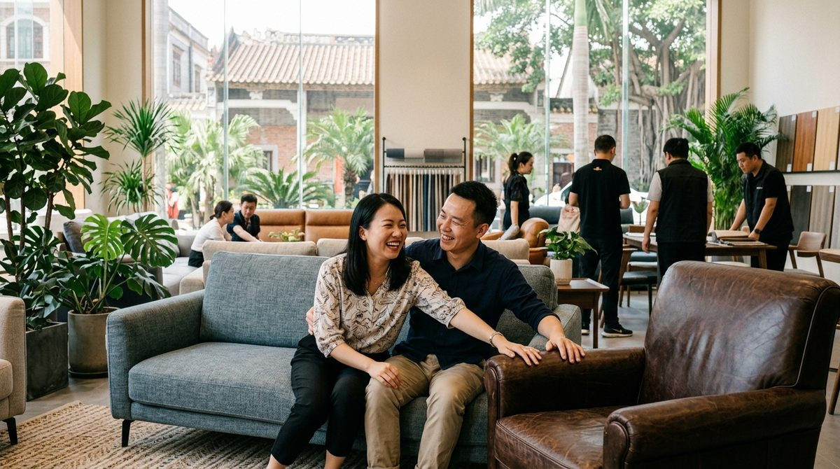 Couple comparing a fabric sofa and a leather armchair in a bright showroom
