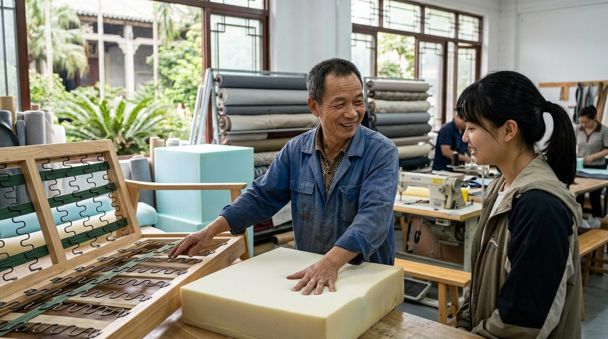 Upholsterer showing a buyer the foam and sprung base inside a sofa seat