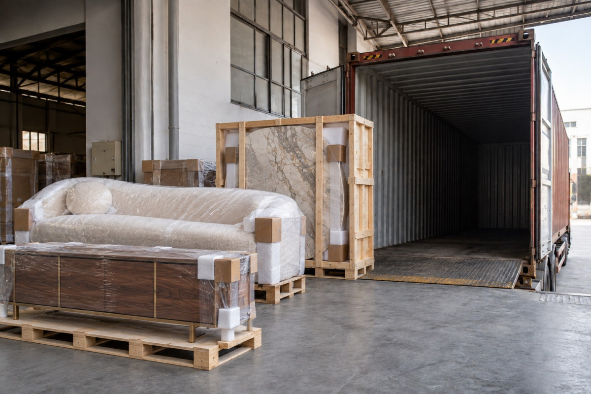 Protected luxury furniture and crated stone tabletop at a container loading bay — AI-generated illustration