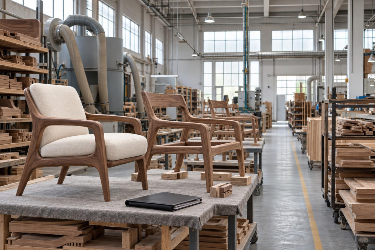 Walnut lounge chair production and finished sample in a furniture workshop — AI-generated illustration