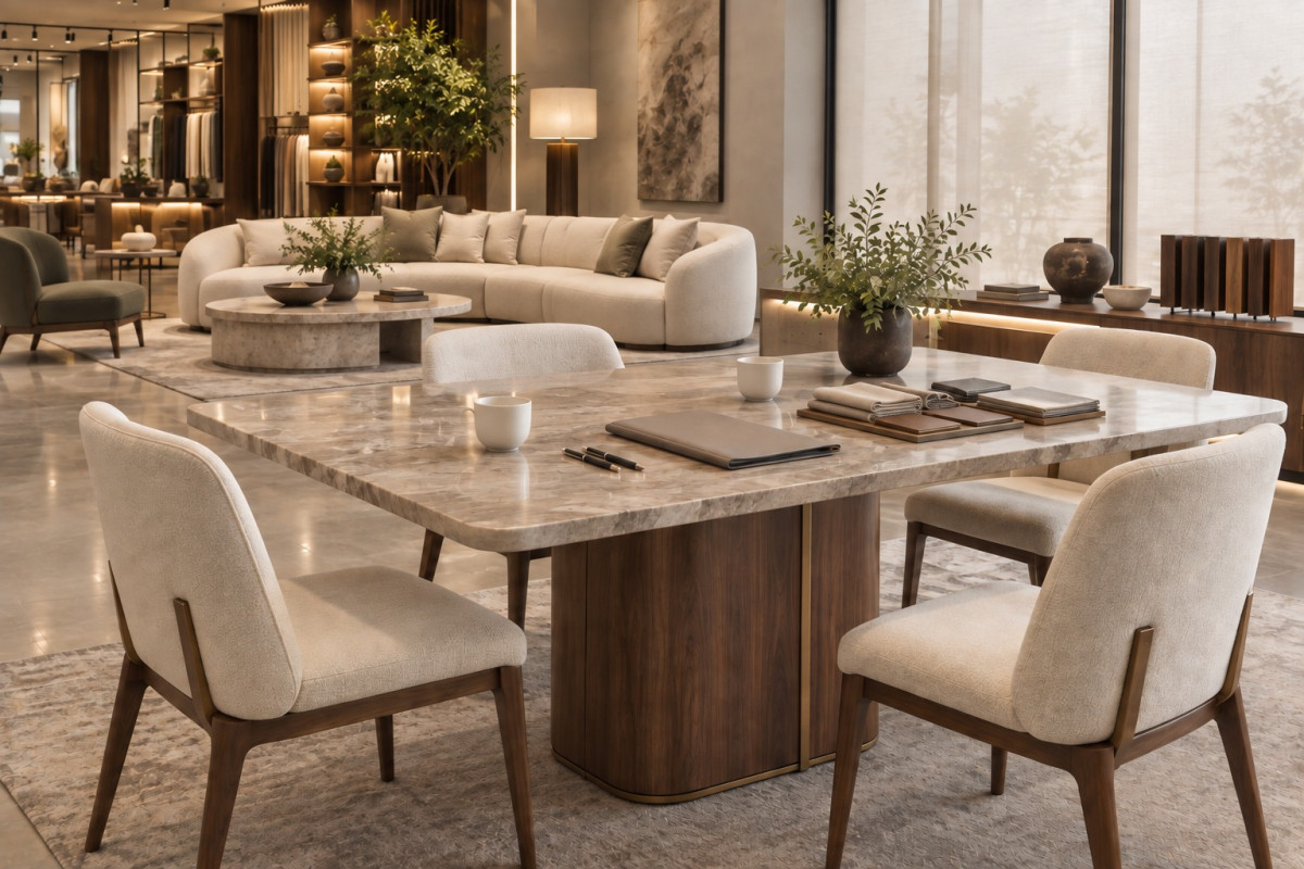 Luxury furniture showroom meeting table with material samples and an order folder — AI-generated illustration