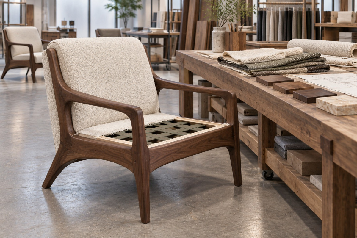 Custom walnut lounge chair prototype with upholstery and finish samples — AI-generated illustration