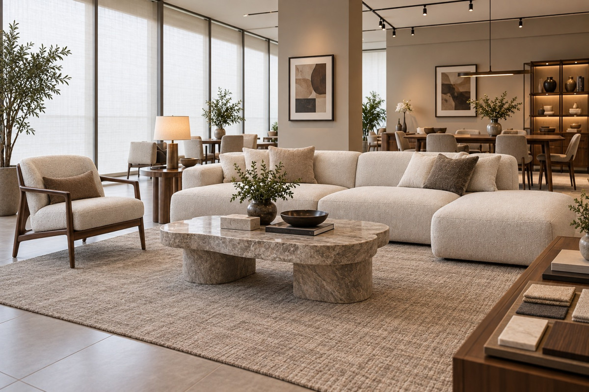 Luxury sofa, stone coffee table and material samples in a furniture showroom — AI-generated illustration