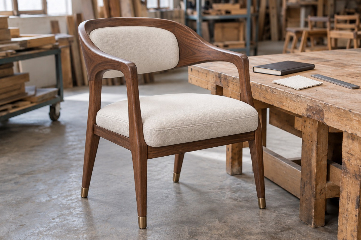 Premium walnut dining chair and upholstery sample prepared for inspection — AI-generated illustration