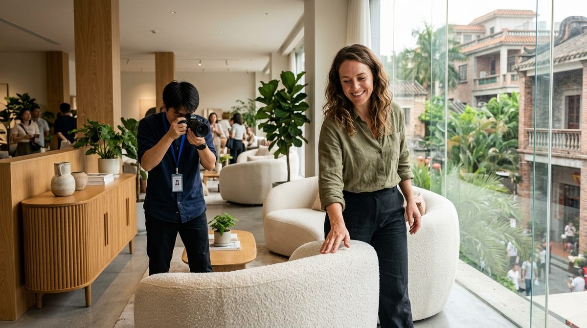 Designers examining a curved boucle armchair and fluted sideboard in a bright showroom