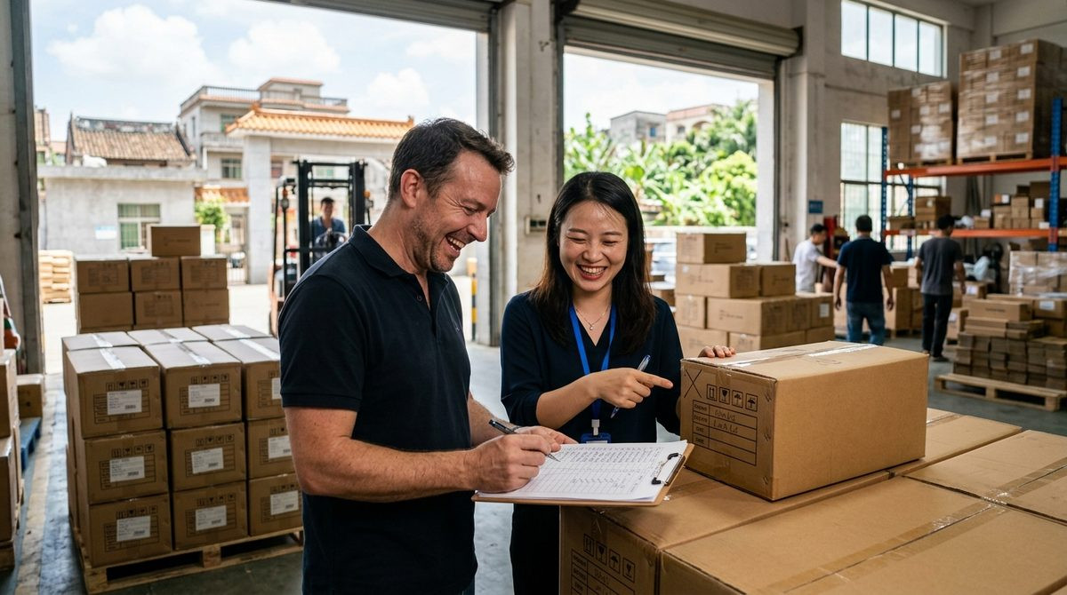Buyer and freight coordinator checking labelled cartons against a packing list