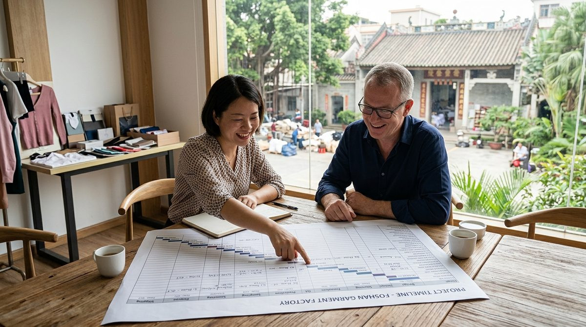 Project manager and buyer tracing the stages of a furniture order timeline