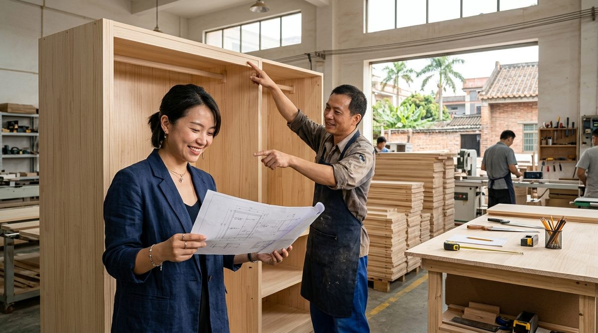 Designer and joiner comparing a drawing with a custom fitted wardrobe in a bright workshop