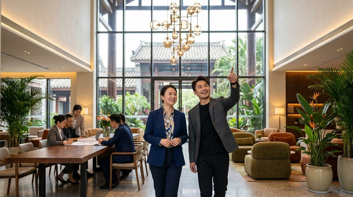 Hotel manager and designer reviewing a finished lobby with a sculptural pendant cluster