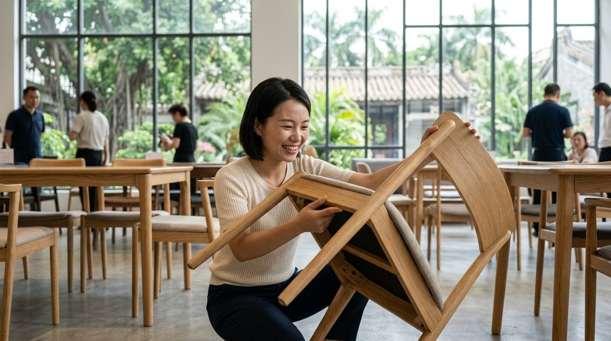 Buyer tipping a dining chair to inspect the joints underneath in a bright showroom