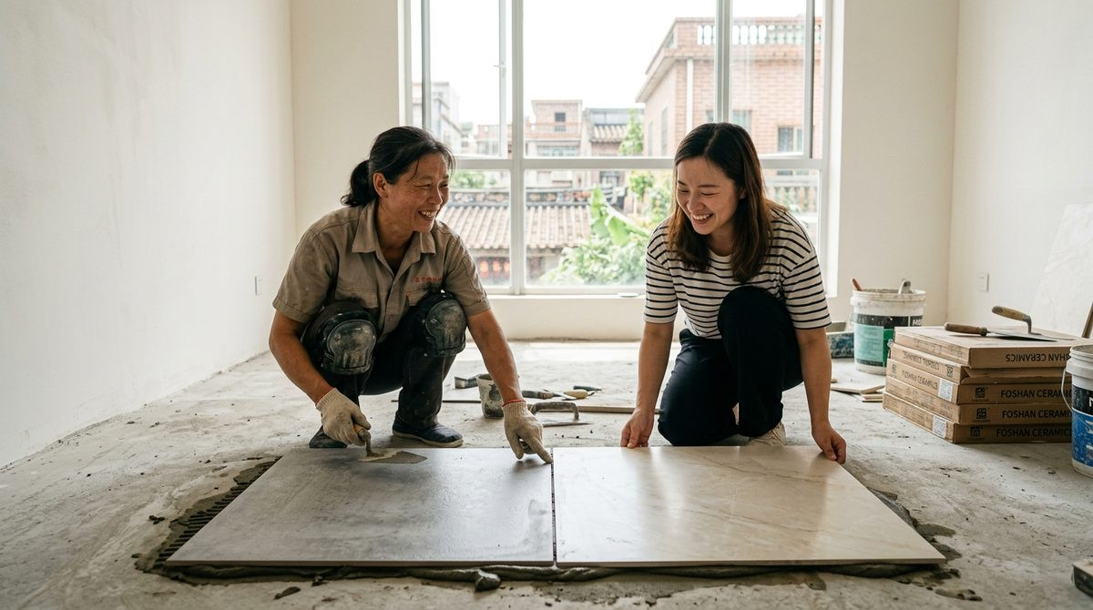 Tiler and homeowner comparing two tile sizes laid side by side during a renovation