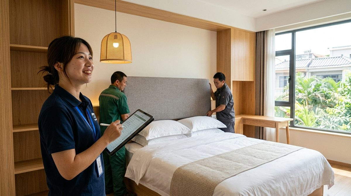 Project manager checking a room list while installers fit out a finished hotel bedroom