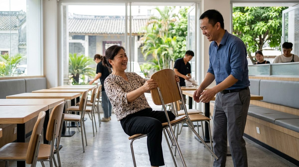 Restaurant owner testing a dining chair in a half finished restaurant with new banquette seating