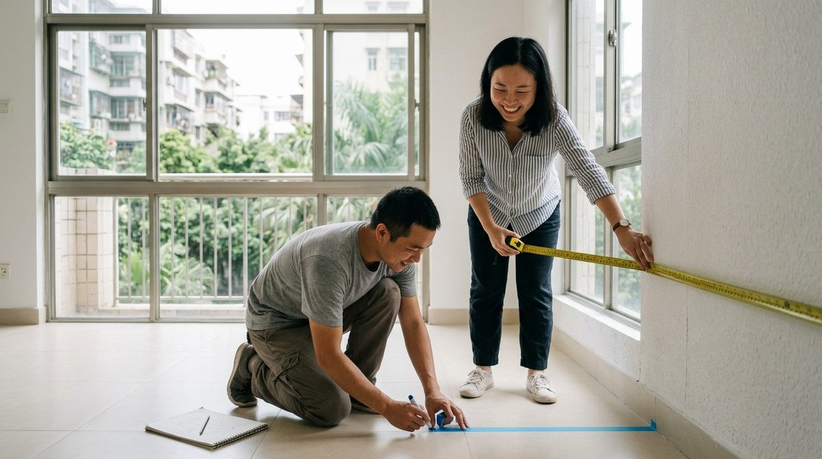 Couple measuring a bright empty room and marking furniture positions with masking tape