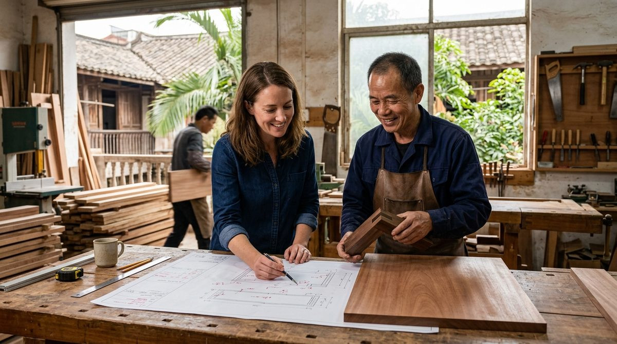 Designer and maker reviewing a drawing and finish panel for a custom furniture order