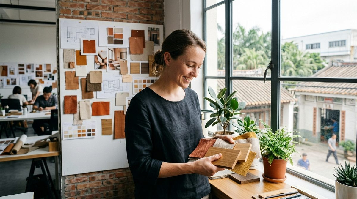 Designer comparing warm fabric and timber samples in daylight at a studio window