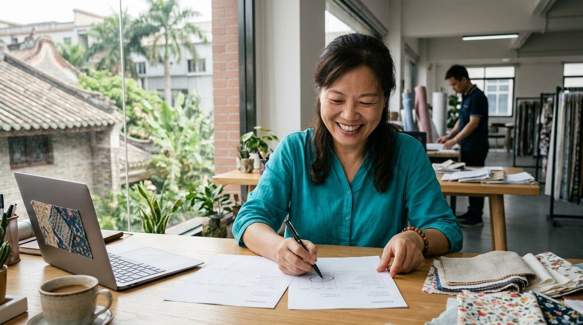 Buyer comparing two furniture quotations side by side at a bright office desk