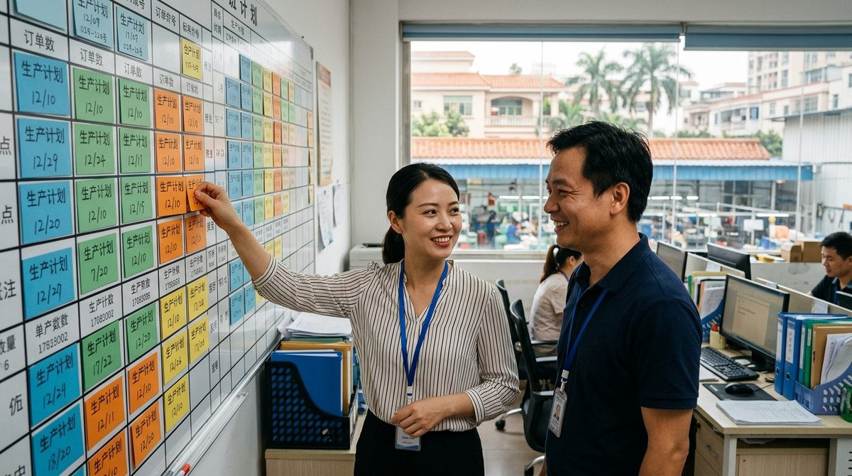 Production planner and buyer moving a schedule card forward on a wall planner