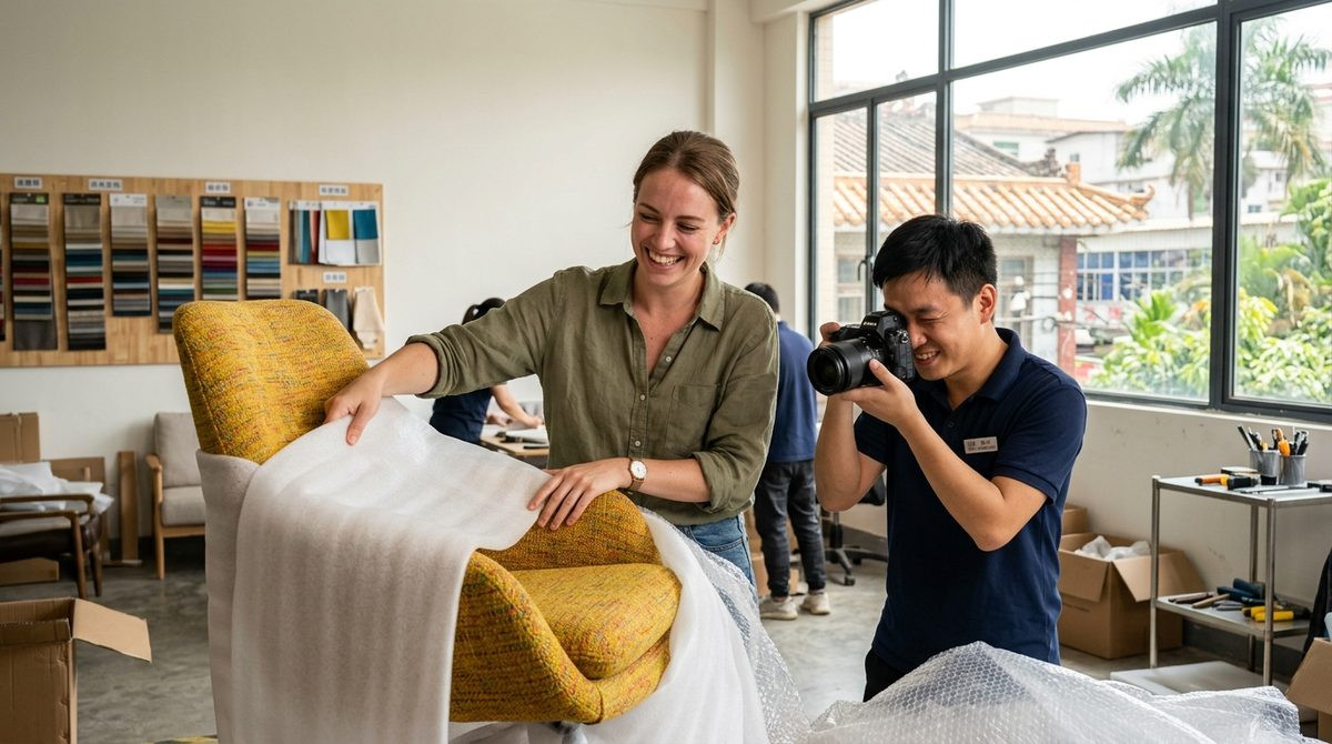 Designer unwrapping a sample armchair while a colleague photographs it in a bright studio