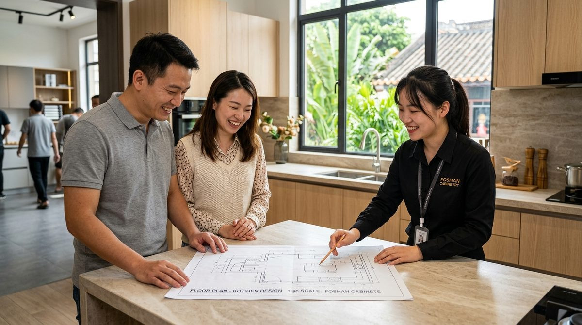 Couple and designer reviewing a kitchen layout drawing on an island worktop